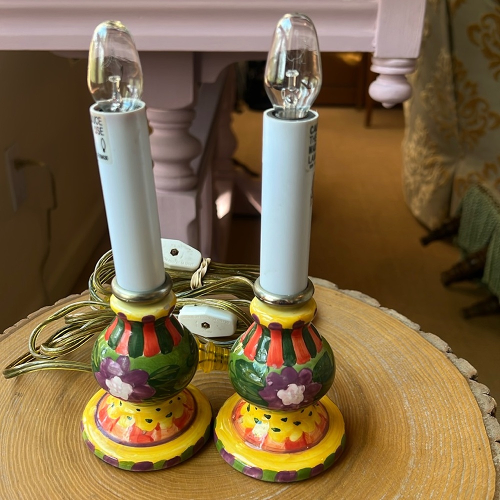 One Pair of Small Decorative Lamps, Hand Painted, No Shades, 8” Inches Tall